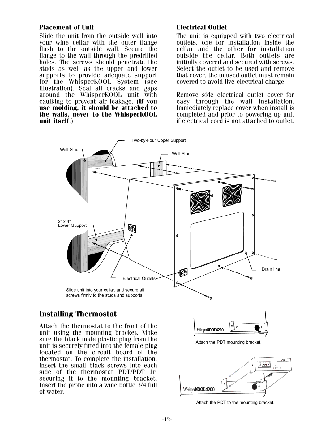 WhisperKool XLT, 17-1103 owner manual Installing Thermostat, Placement of Unit 