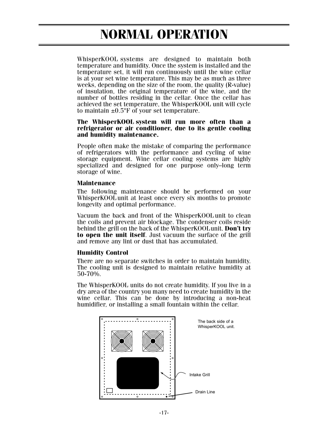 WhisperKool 17-1103, XLT owner manual Normal Operation, Maintenance, Humidity Control 