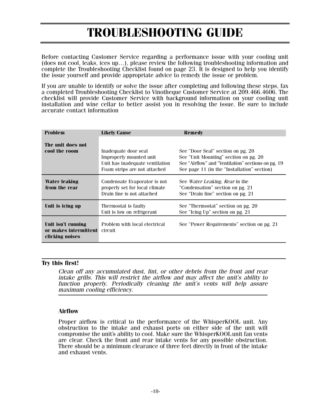 WhisperKool XLT, 17-1103 owner manual Troubleshooting Guide, Try this first, Airflow 