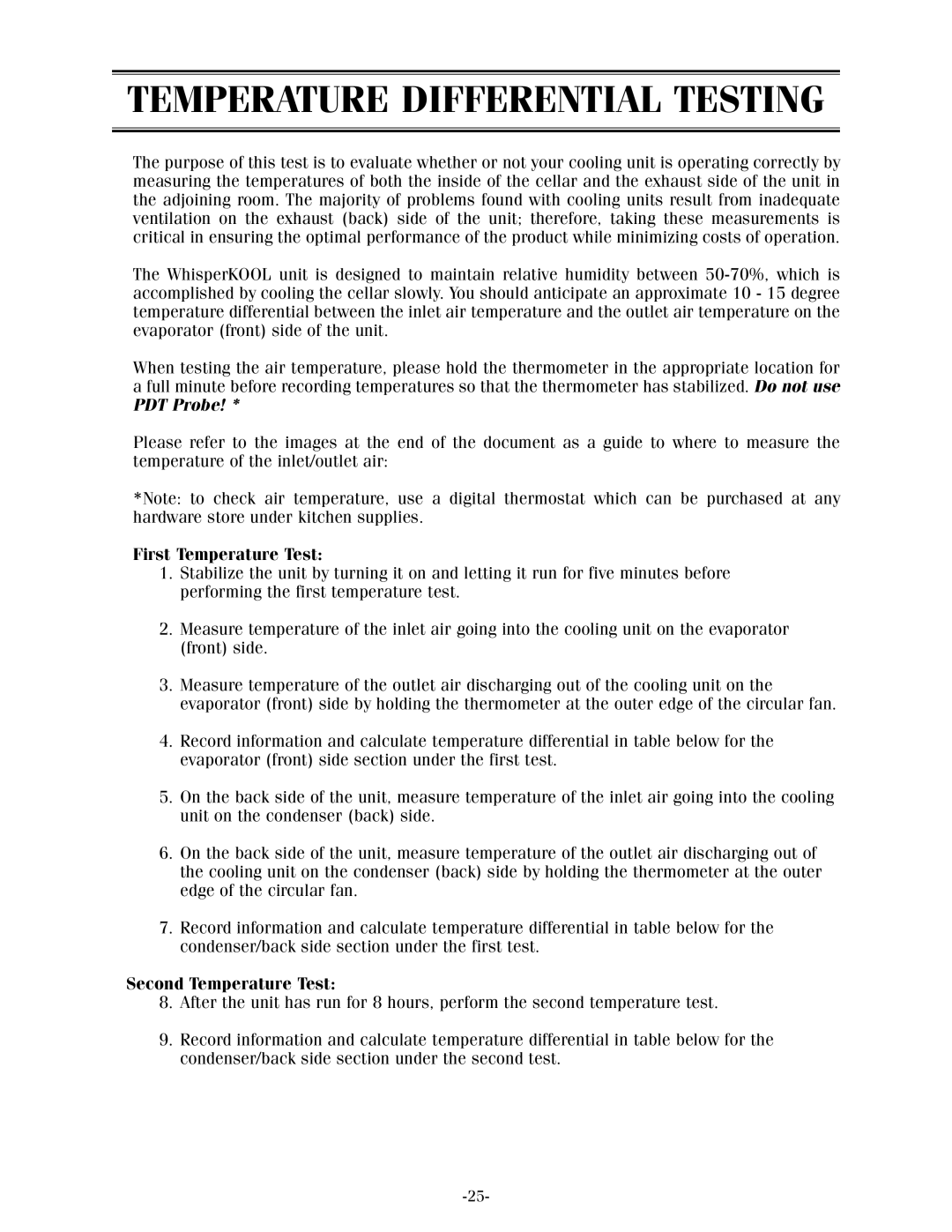 WhisperKool 17-1103, XLT owner manual Temperature Differential Testing, First Temperature Test, Second Temperature Test 