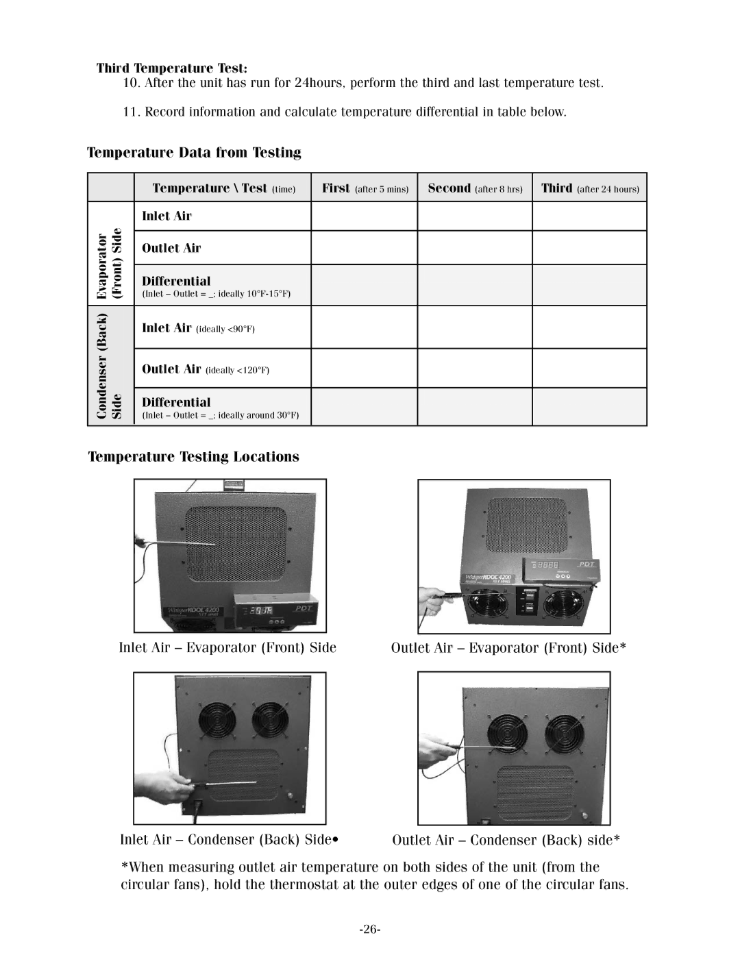 WhisperKool XLT, 17-1103 owner manual Temperature Data from Testing, Temperature Testing Locations, Third Temperature Test 