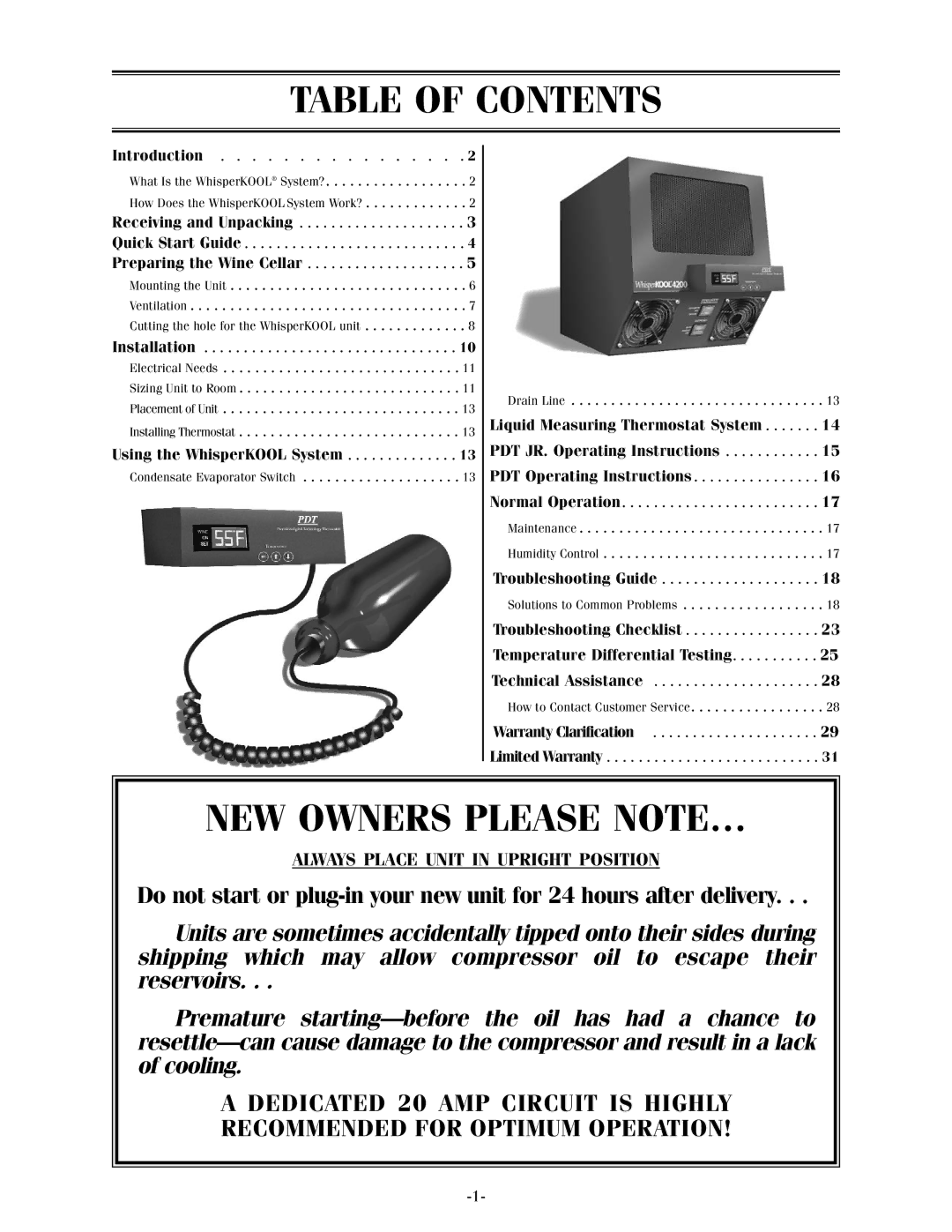 WhisperKool 17-1103, XLT owner manual Table of Contents, NEW Owners Please NOTE… 