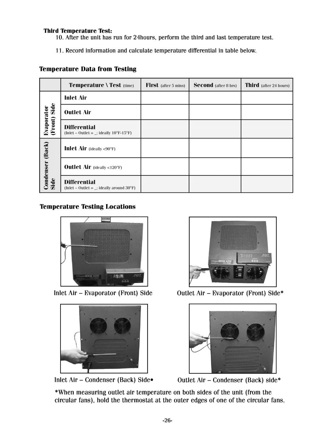 WhisperKool XLT, 17-1103 Temperature Data from Testing, Temperature Testing Locations, Inlet Air - Evaporator Front Side 