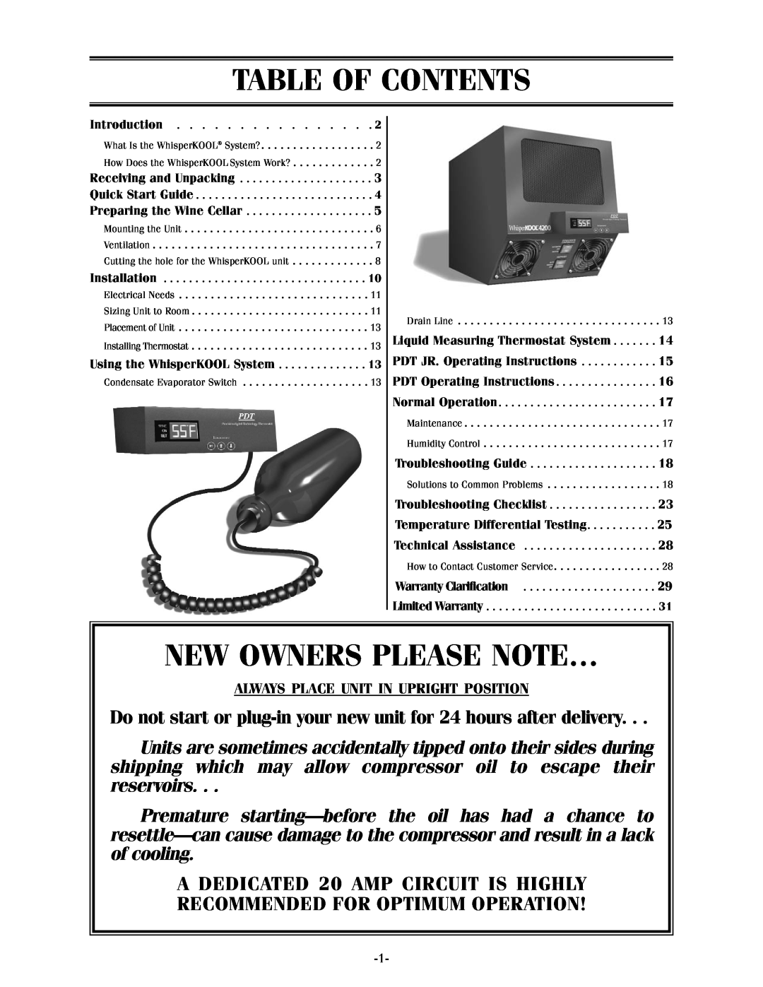 WhisperKool 17-1103, XLT owner manual Table Of Contents, New Owners Please Note…, A DEDICATED 20 AMP CIRCUIT IS HIGHLY 