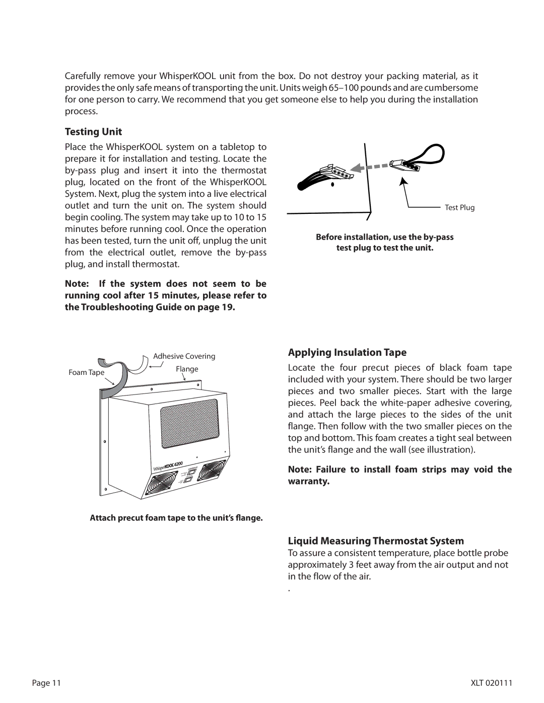 WhisperKool XLT 1600, XLT 8000, XLT 3000 Testing Unit, Applying Insulation Tape, Liquid Measuring Thermostat System 