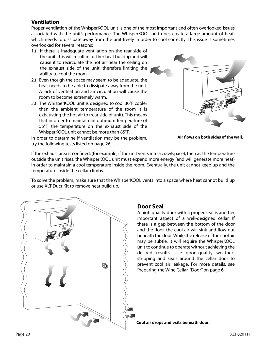 WhisperKool XLT 4200, XLT 8000 Door Seal, Air flows on both sides of the wall, Cool air drops and exits beneath door 