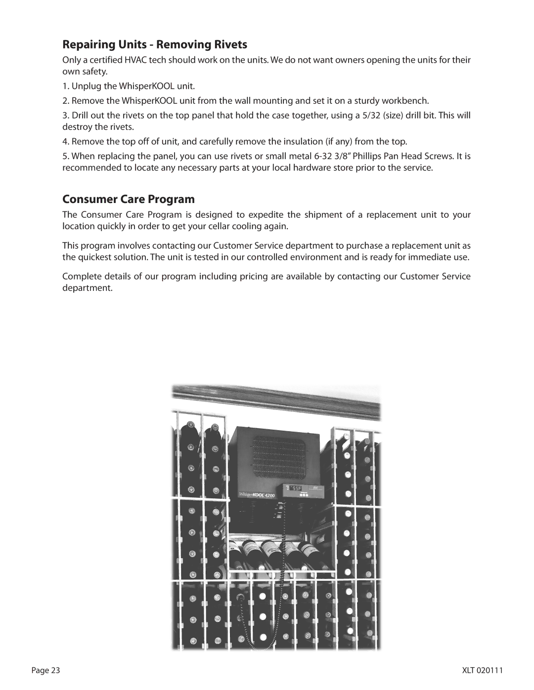 WhisperKool XLT 8000, XLT 3000, XLT 4200, XLT 1600, XLT 6000 Repairing Units Removing Rivets, Consumer Care Program 