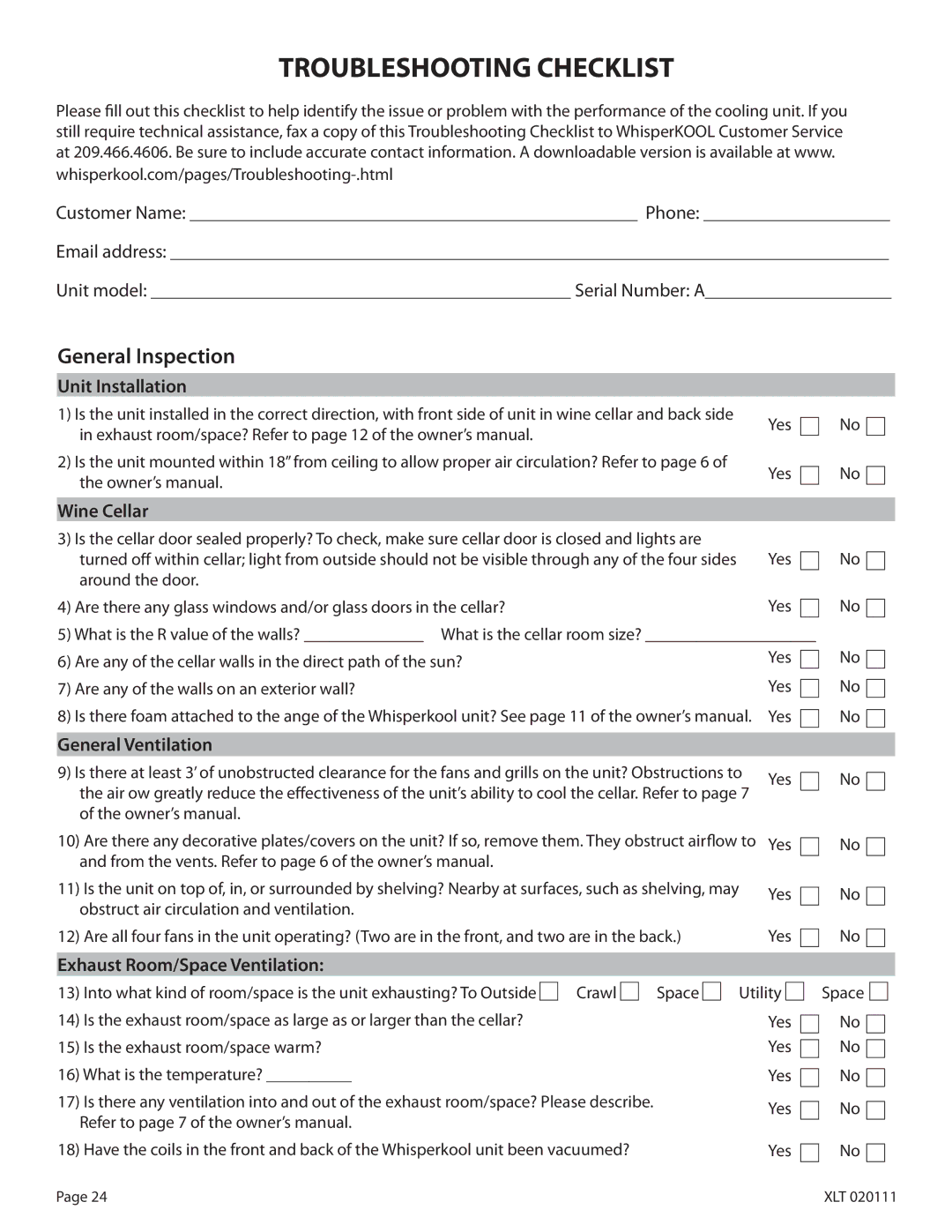 WhisperKool XLT 3000, XLT 8000, XLT 4200, XLT 1600, XLT 6000 owner manual Troubleshooting Checklist, General Inspection 