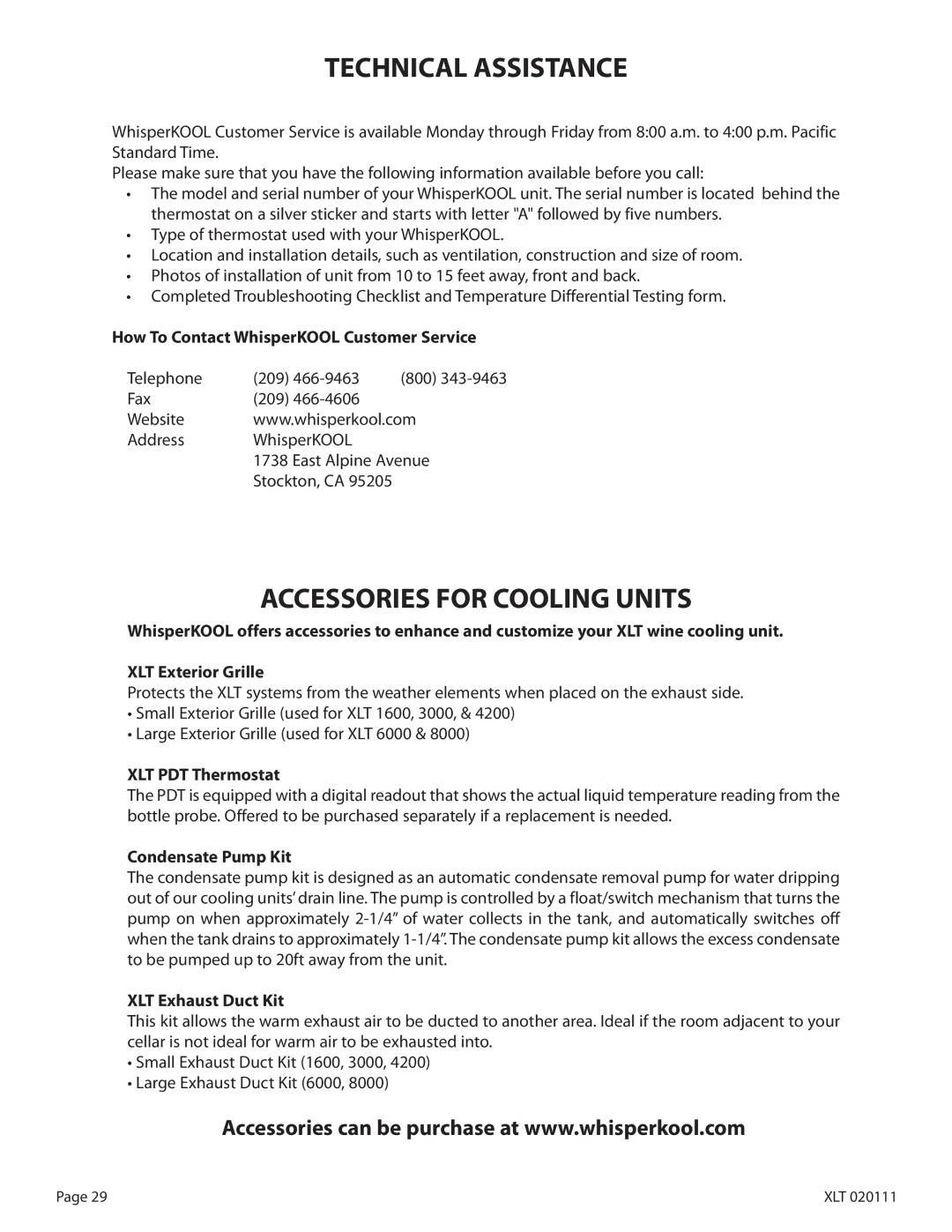 WhisperKool XLT 3000, XLT 8000, XLT 4200, XLT 1600, XLT 6000 owner manual Technical Assistance, Accessories for Cooling Units 