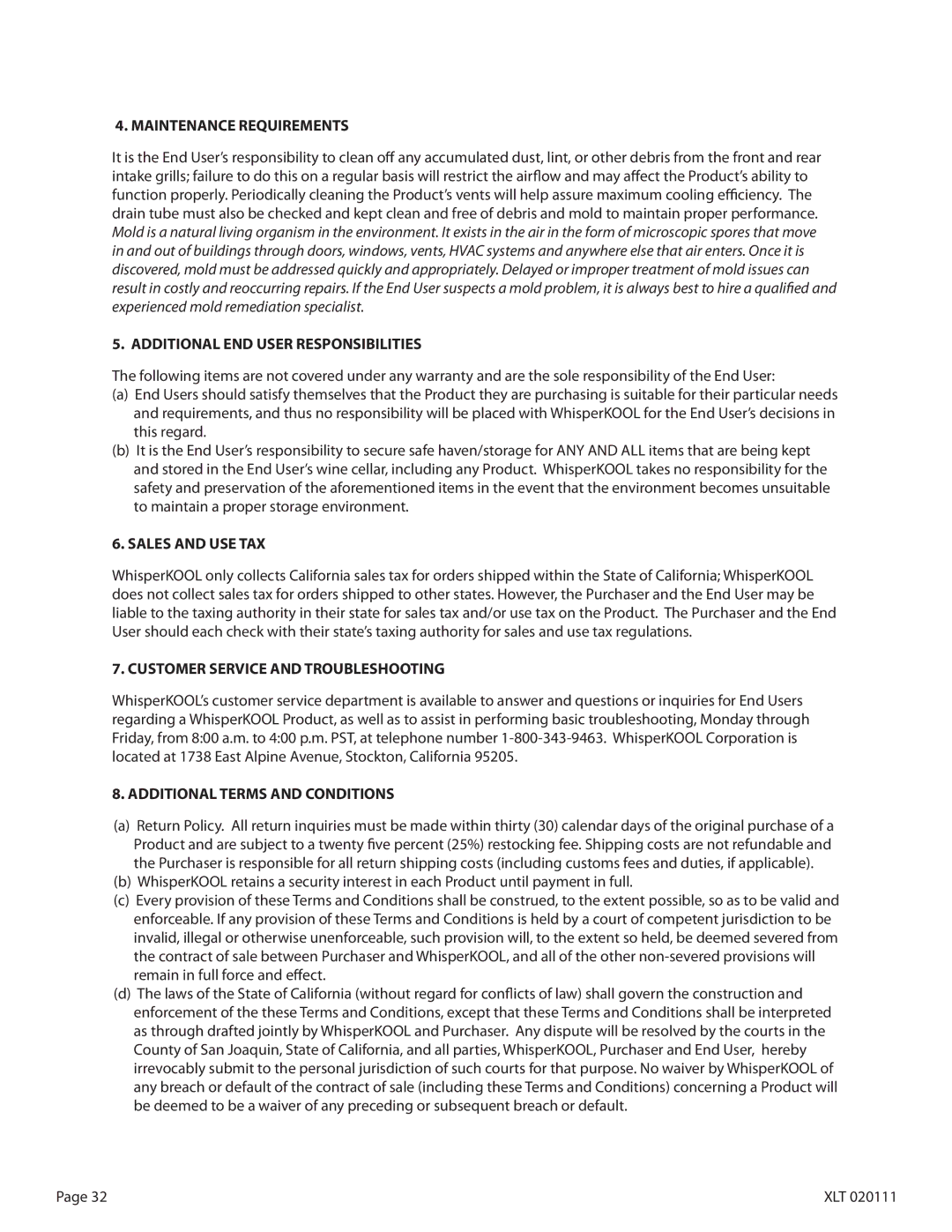 WhisperKool XLT 6000, XLT 8000, XLT 3000, XLT 4200, XLT 1600 owner manual Maintenance Requirements 