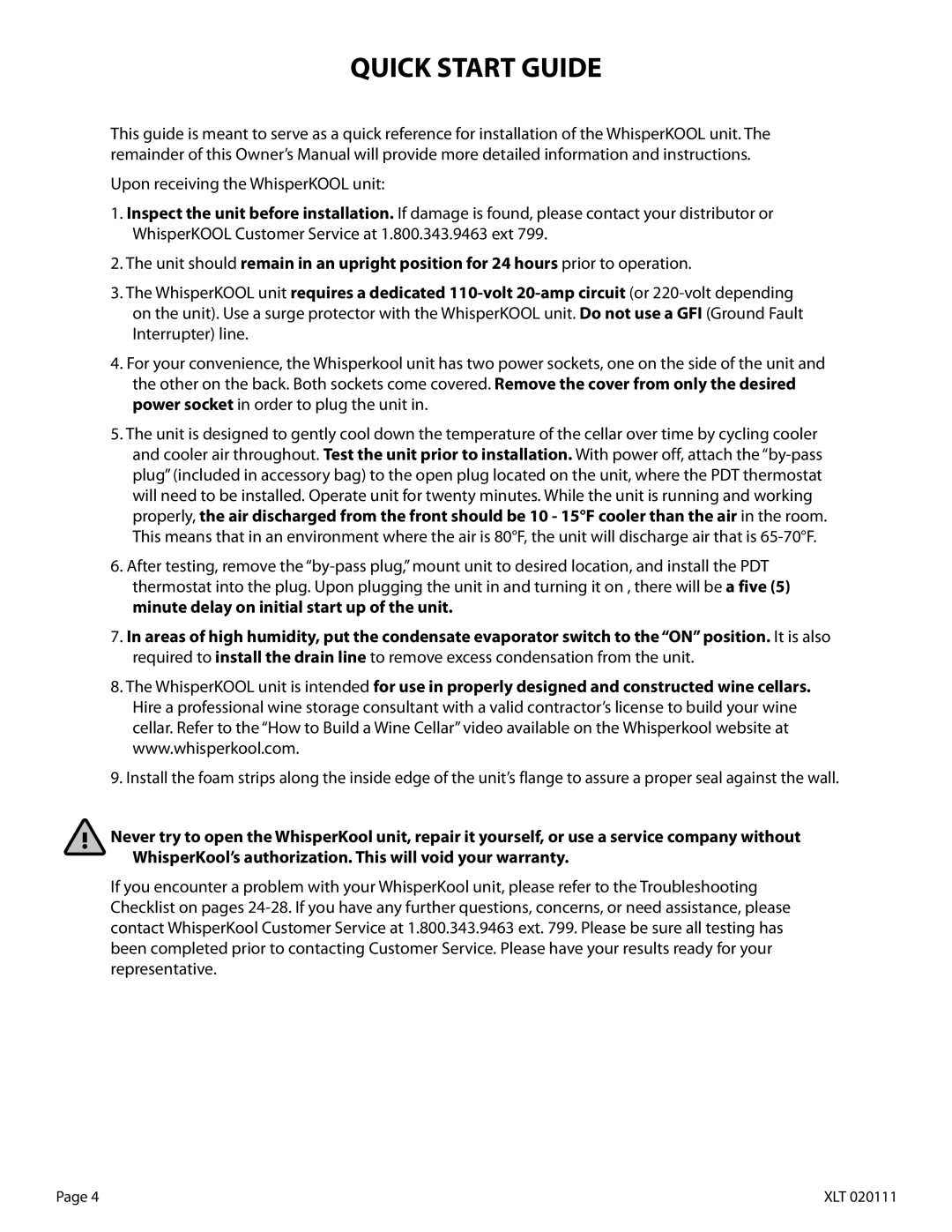 WhisperKool XLT 3000, XLT 8000, XLT 4200, XLT 1600, XLT 6000 owner manual Quick Start Guide 