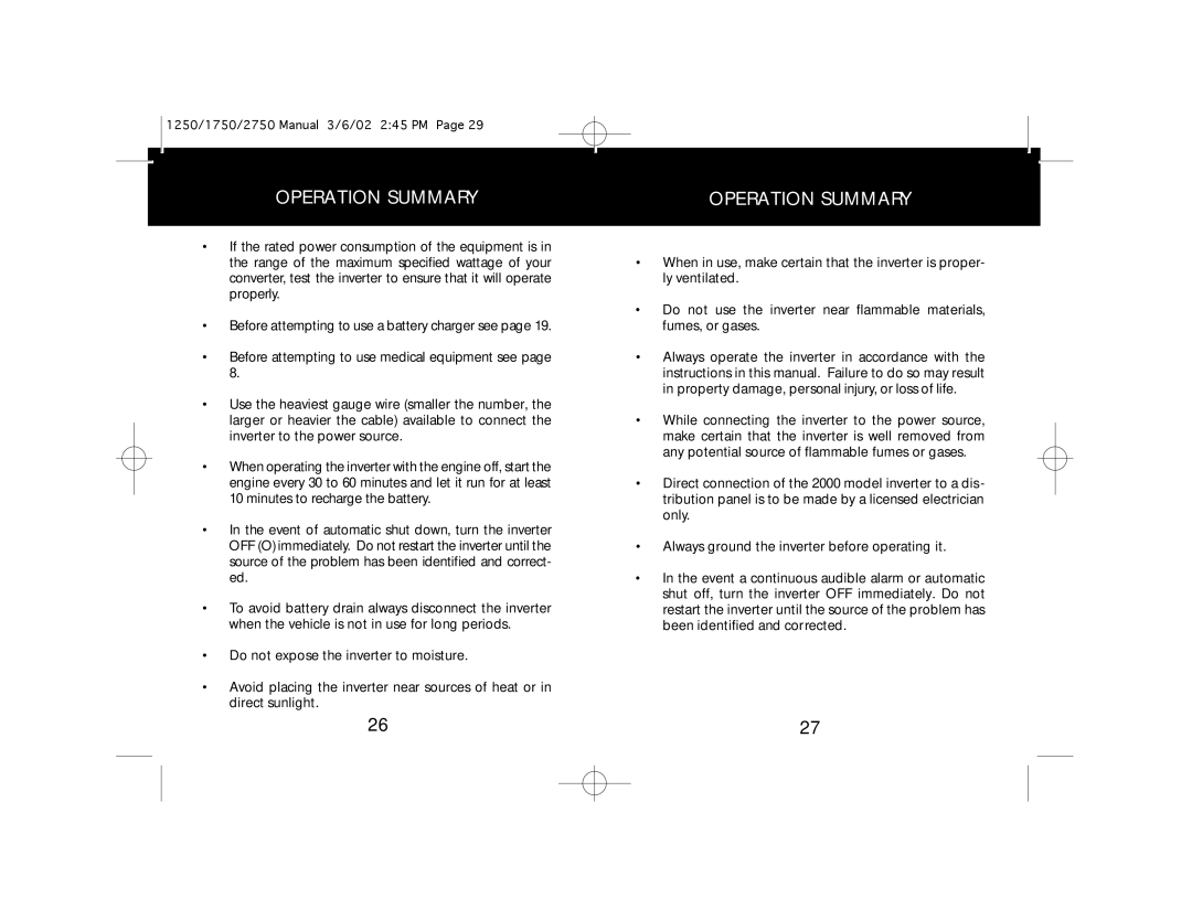 Whistler 1000, 2000 owner manual Operation Summary 