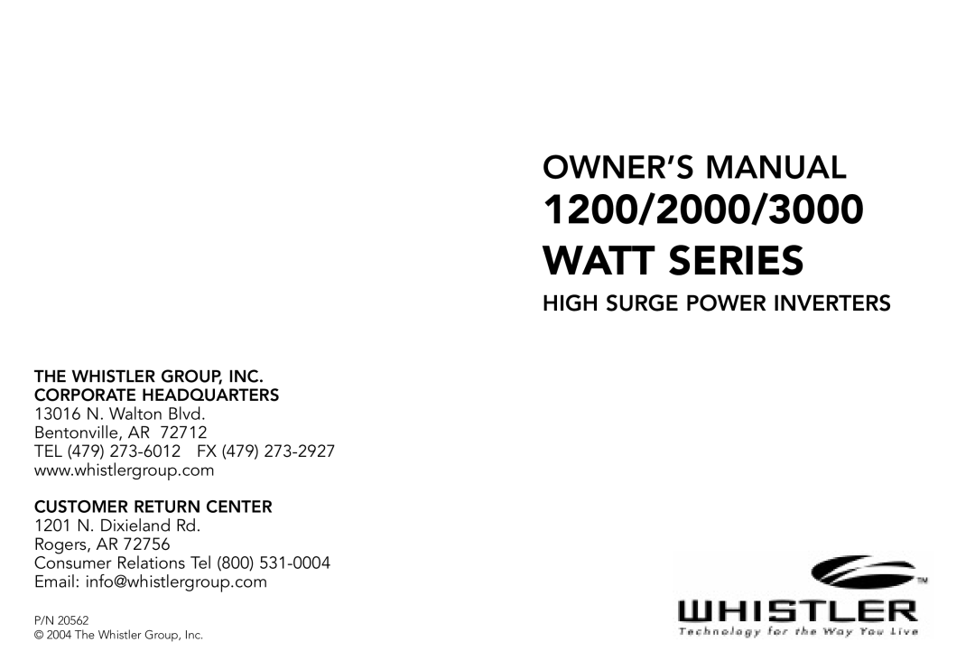 Whistler 3000 WATT, 2000 WATT, 1200 WATT owner manual Watt Series 