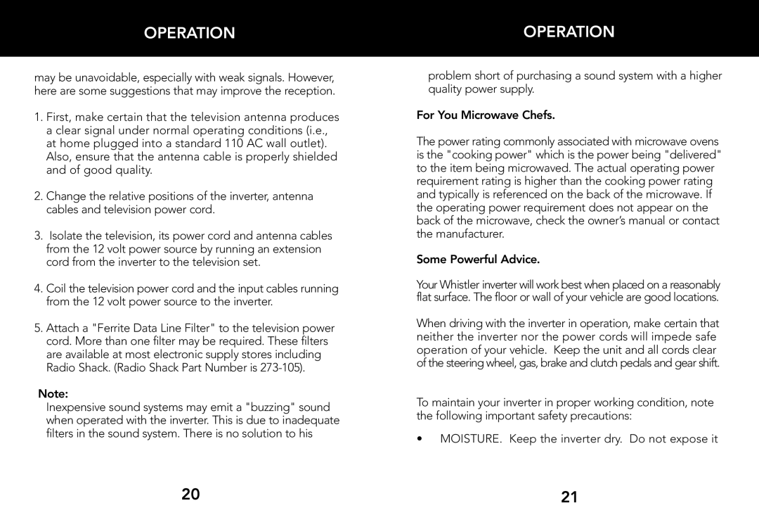 Whistler 2000 WATT, 3000 WATT, 1200 WATT owner manual For You Microwave Chefs Some Powerful Advice 