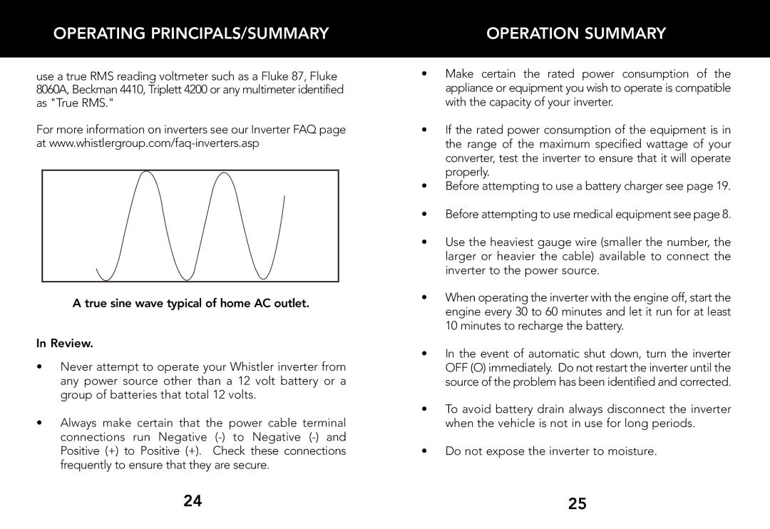 Whistler 1200 WATT Operating PRINCIPALS/SUMMARY, Operation Summary, True sine wave typical of home AC outlet Review 