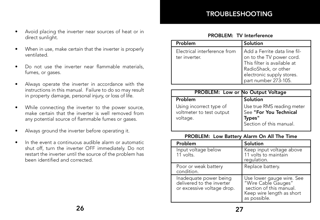 Whistler 2000 WATT, 3000 WATT, 1200 WATT owner manual Troubleshooting 