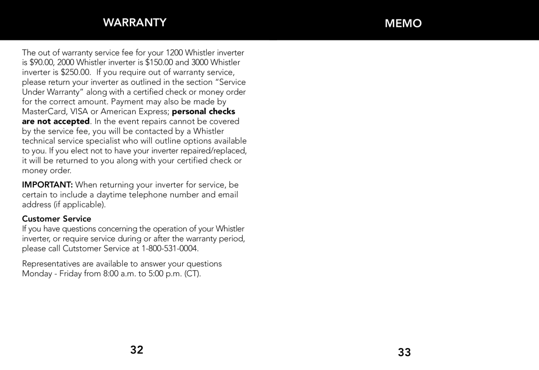 Whistler 2000 WATT, 3000 WATT, 1200 WATT owner manual Warranty Memo, Customer Service 