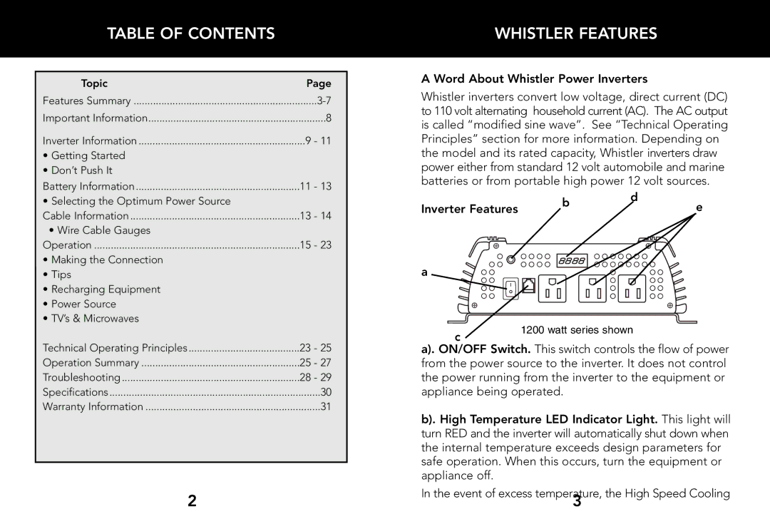 Whistler 2000 WATT, 3000 WATT, 1200 WATT owner manual Table of Contents, Whistler Features 