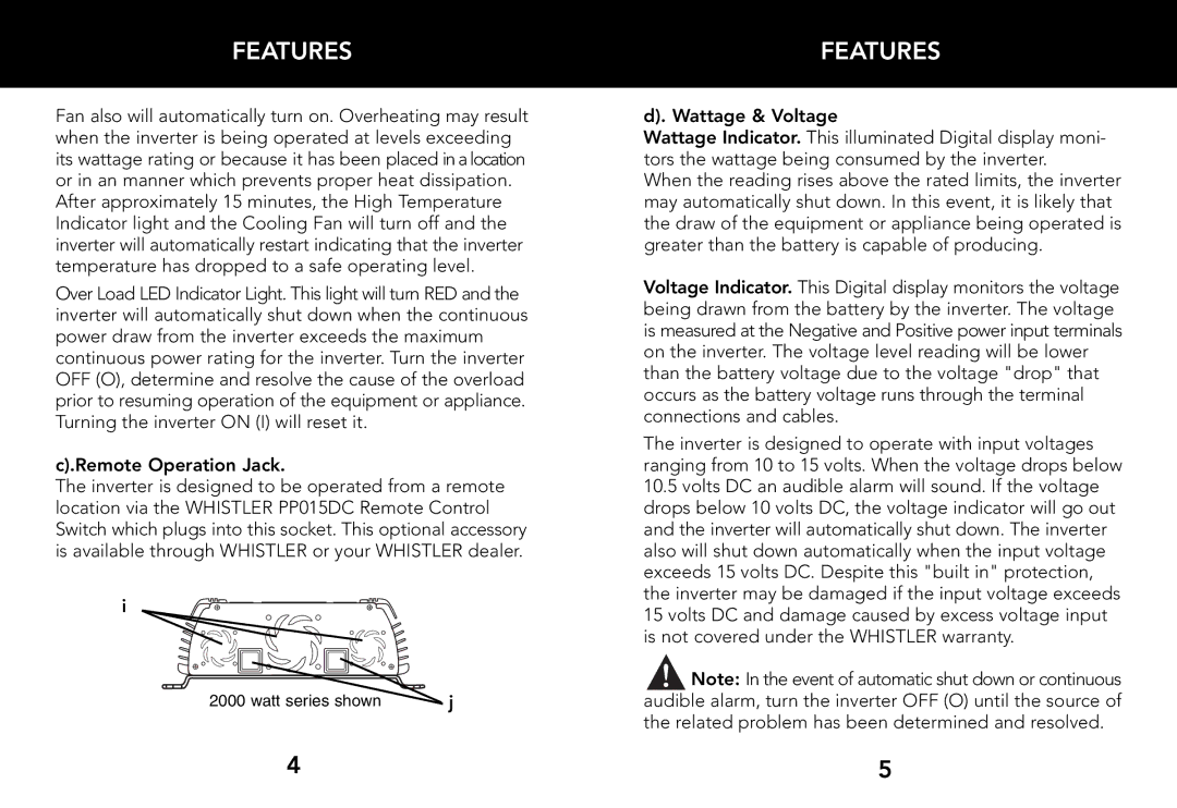 Whistler 3000 WATT, 2000 WATT, 1200 WATT owner manual Features, Remote Operation Jack, Wattage & Voltage 