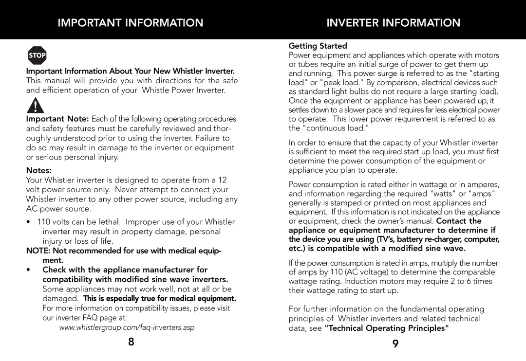 Whistler 2000 WATT, 3000 WATT, 1200 WATT owner manual Important Information, Inverter Information, Getting Started 