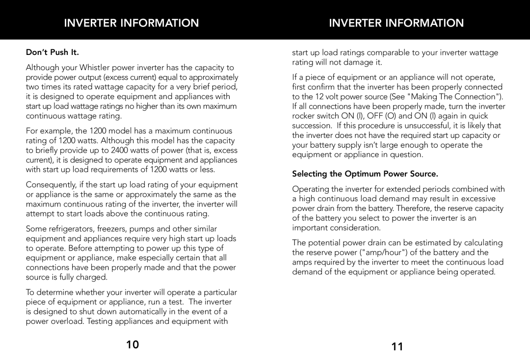 Whistler 3000 WATT, 2000 WATT, 1200 WATT owner manual Don’t Push It, Selecting the Optimum Power Source 