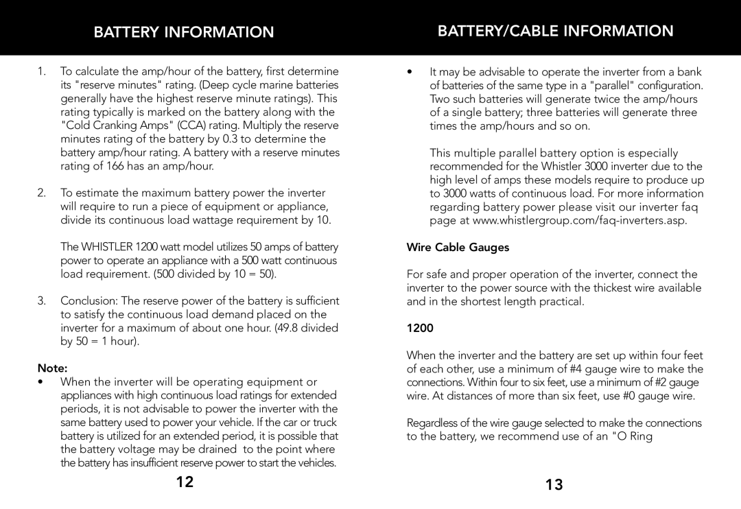 Whistler 1200 WATT, 2000 WATT, 3000 WATT owner manual Battery Information, BATTERY/CABLE Information, Wire Cable Gauges 