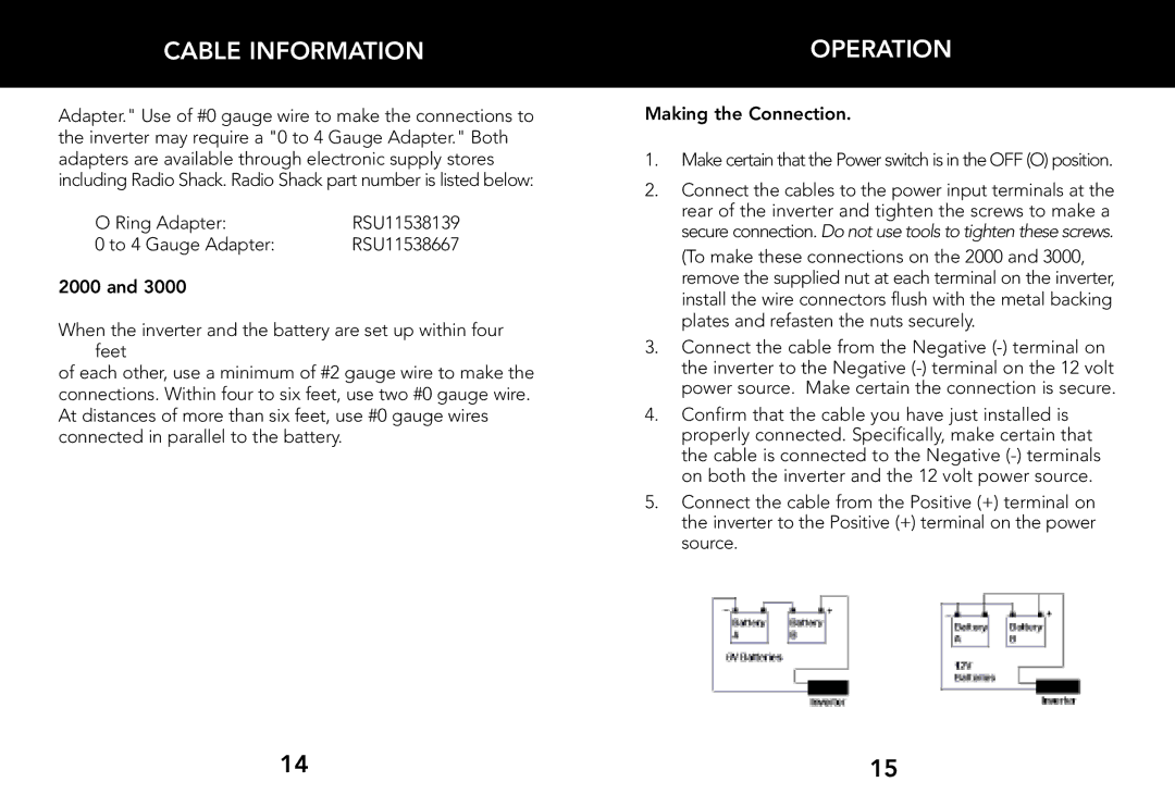 Whistler 2000 WATT, 3000 WATT, 1200 WATT owner manual Cable Information, Operation, Making the Connection 