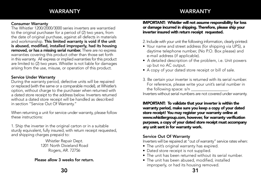 Whistler 1200 WATT Consumer Warranty, Service Under Warranty, Please allow 3 weeks for return, Service Out Of Warranty 
