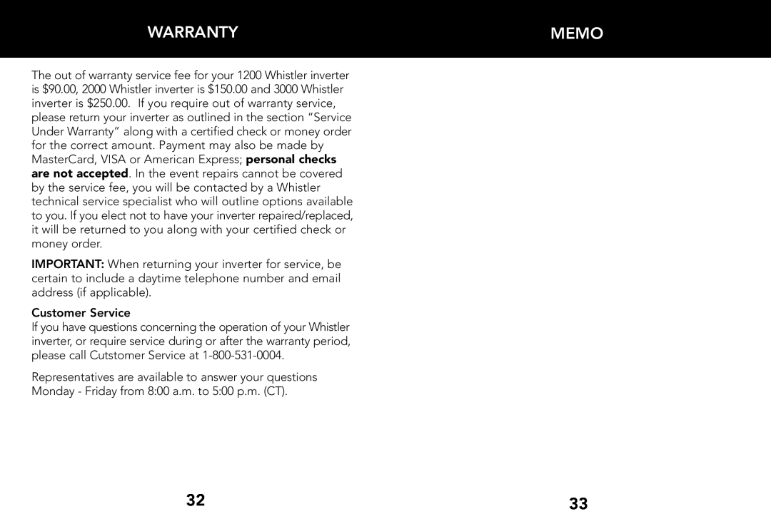 Whistler 2000 WATT, 3000 WATT, 1200 WATT owner manual Memo, Warranty, Customer Service 