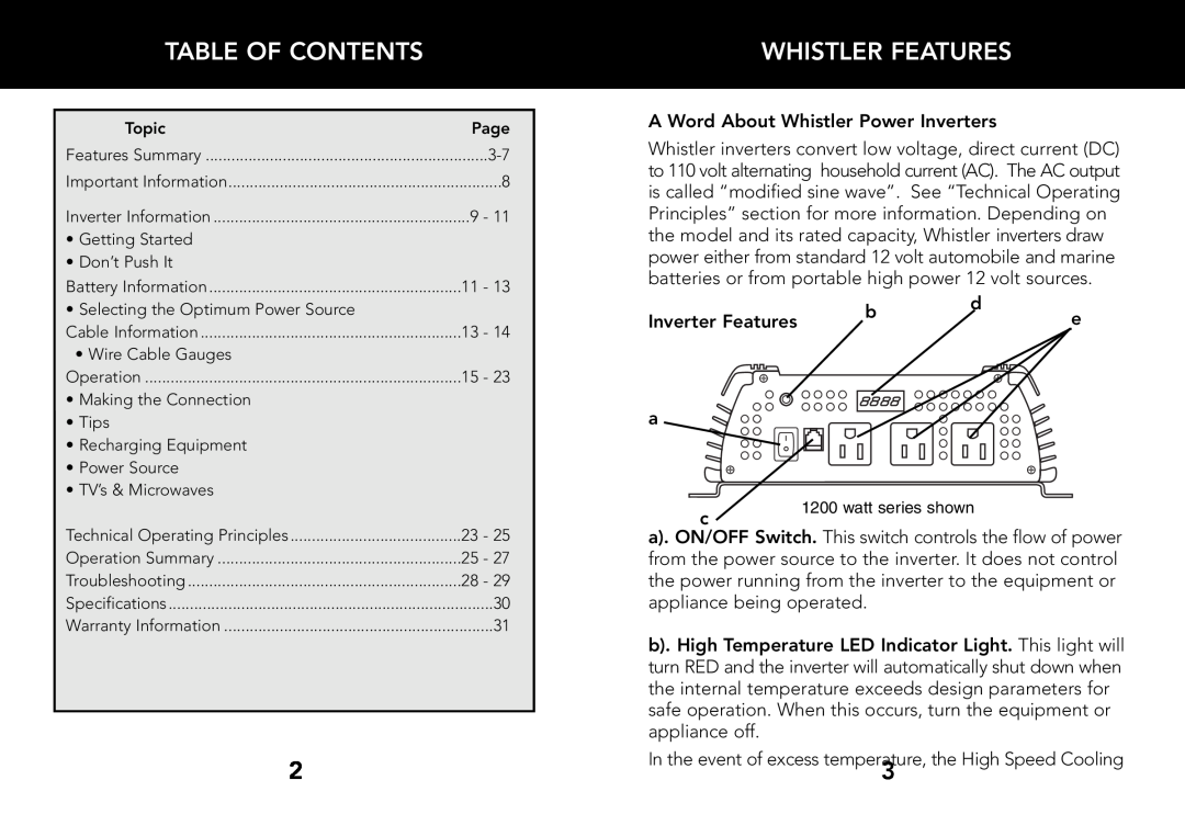 Whistler 2000 WATT Table Of Contents, Whistler Features, A Word About Whistler Power Inverters, Inverter Features, Topic 