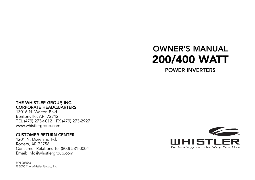 Whistler 200/400 WATT owner manual 200/400 Watt 