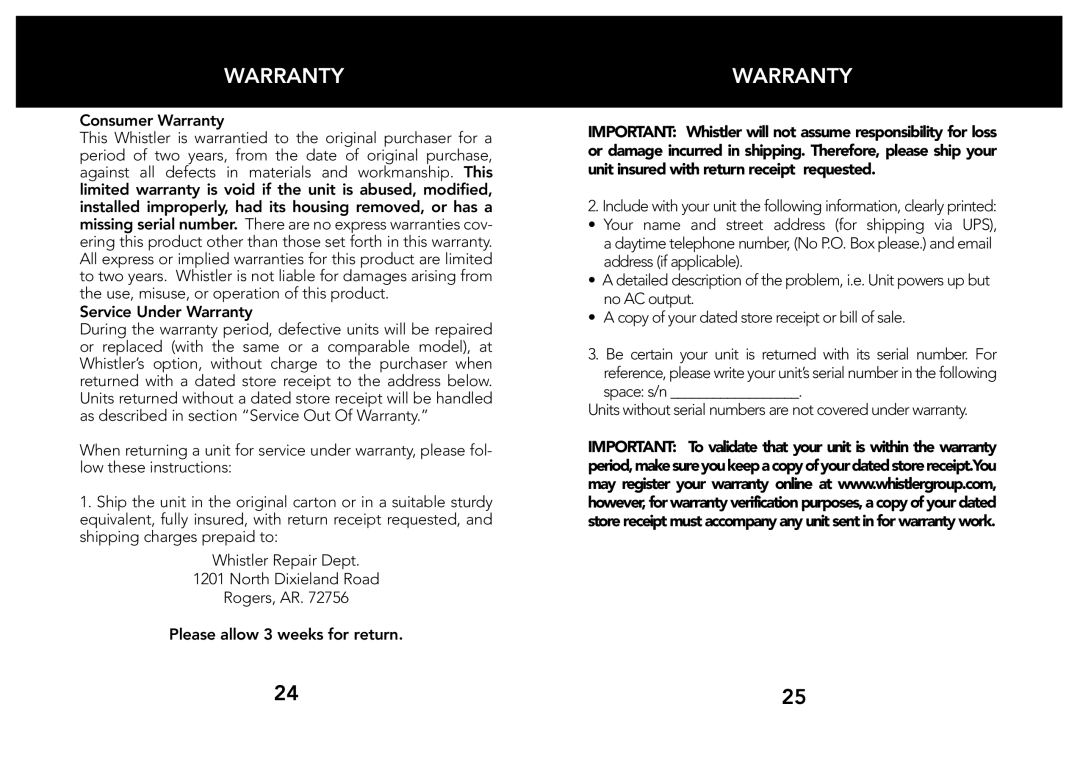 Whistler 200/400 WATT owner manual Warranty 