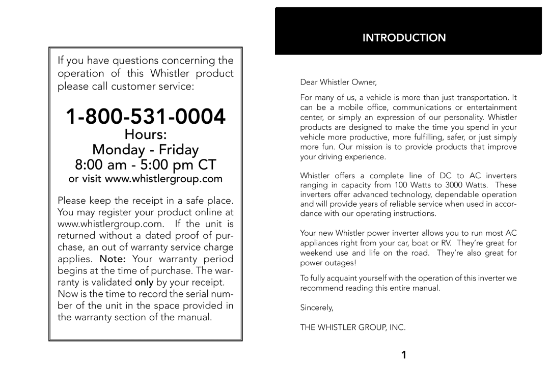 Whistler 200/400 WATT owner manual Introduction, Whistler GROUP, INC 