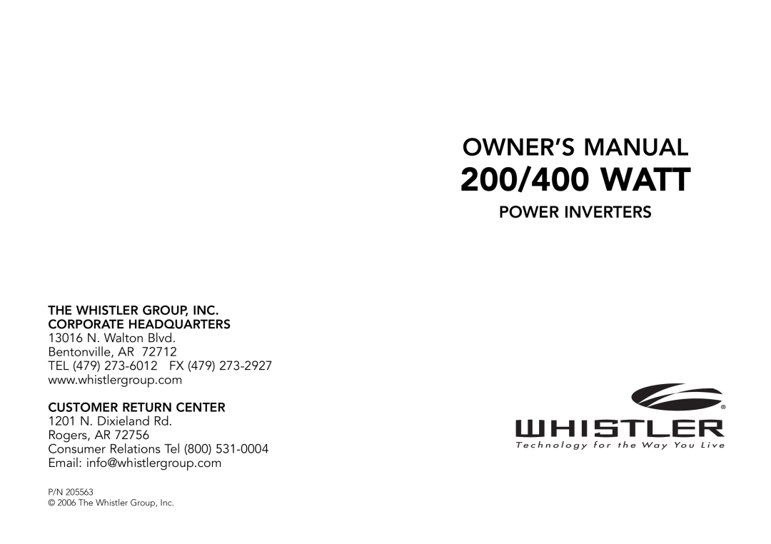 Whistler 200/400 WATT owner manual Owner’S Manual, Power Inverters, Bentonville, AR TEL 479 273-6012 FX 