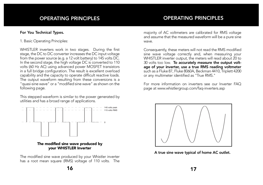 Whistler 200/400 WATT owner manual Operating Principles, The modified sine wave produced by your WHISTLER Inverter 
