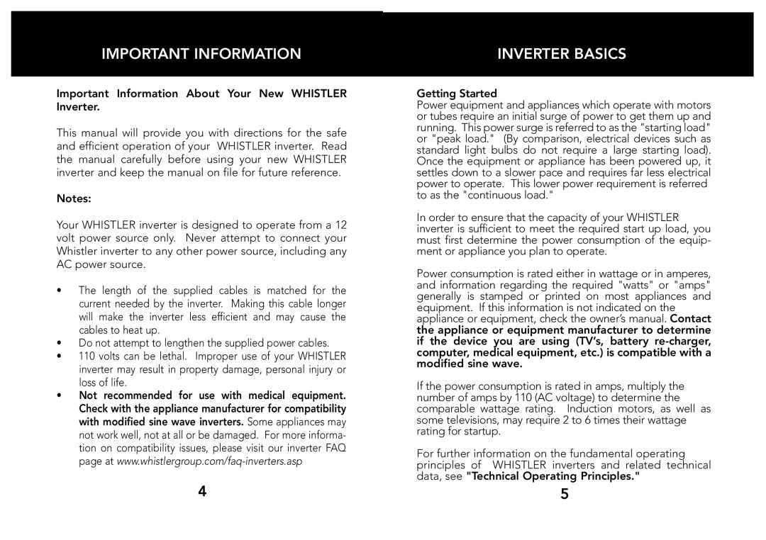 Whistler 200/400 WATT owner manual Important Information, Inverter Basics 