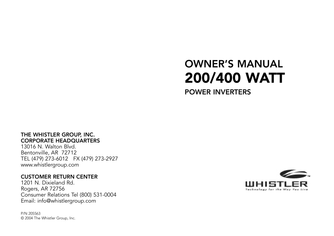 Whistler 205563 owner manual 200/400 Watt 