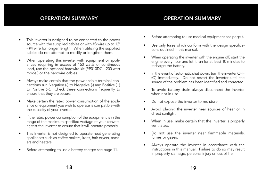 Whistler 205563 owner manual Operation Summary 