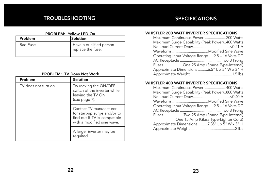 Whistler 205563 owner manual Whistler 200 Watt Inverter Specifications, Whistler 400 Watt Inverter Specifications 