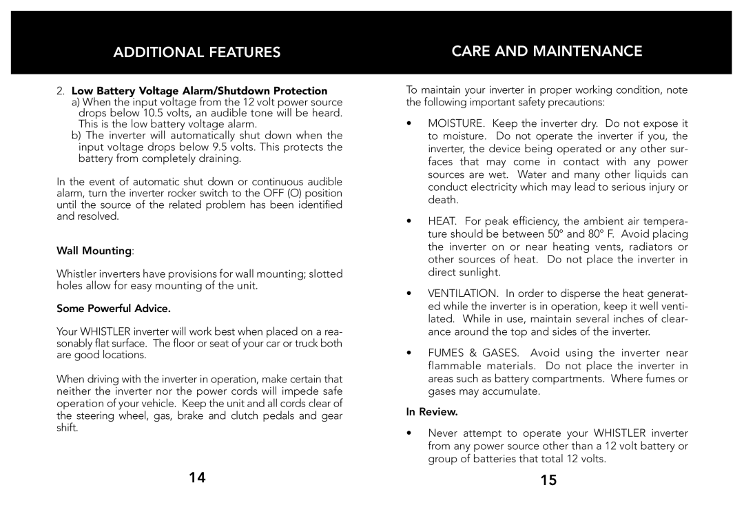 Whistler 205563 owner manual Care and Maintenance, Low Battery Voltage Alarm/Shutdown Protection 