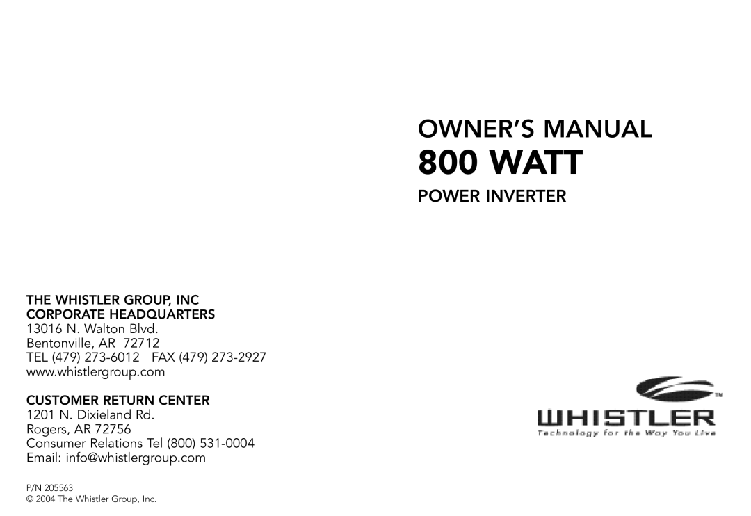 Whistler 800 WATT POWER INVERTER owner manual Watt 