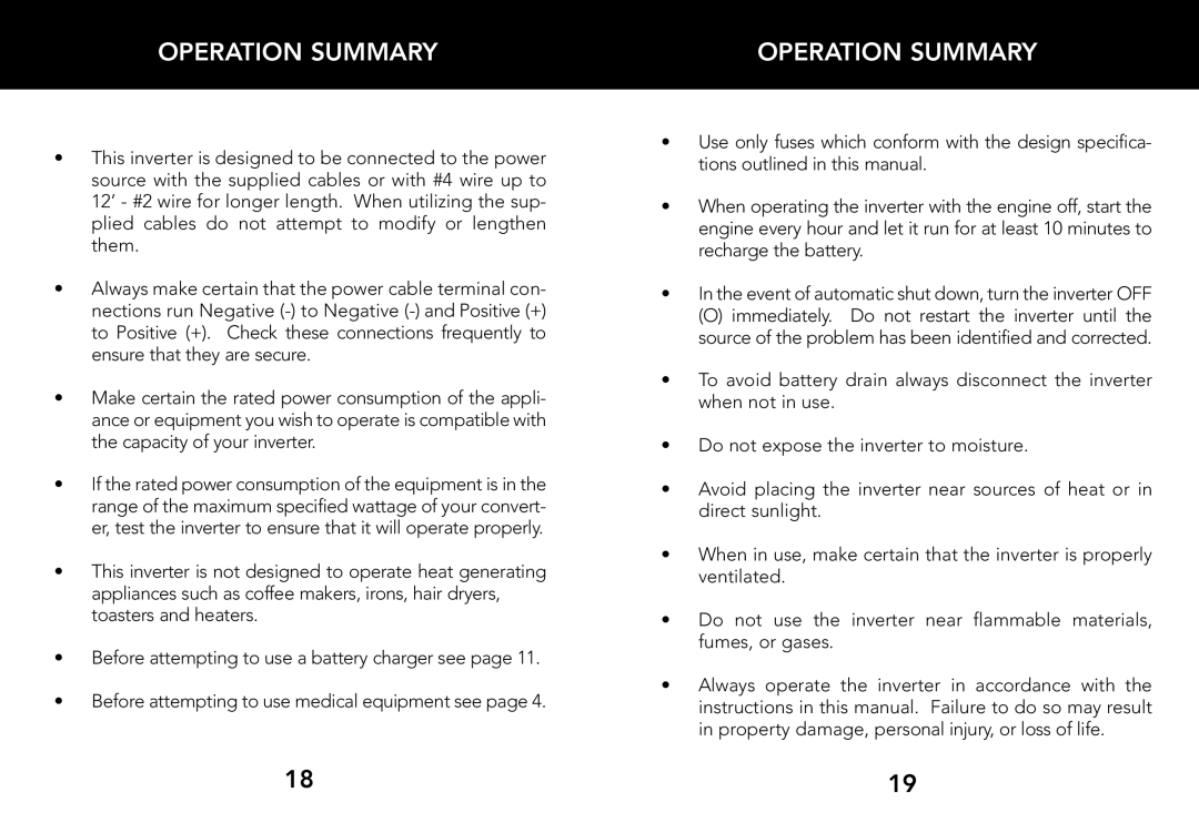 Whistler 800 WATT POWER INVERTER owner manual Operation Summary 