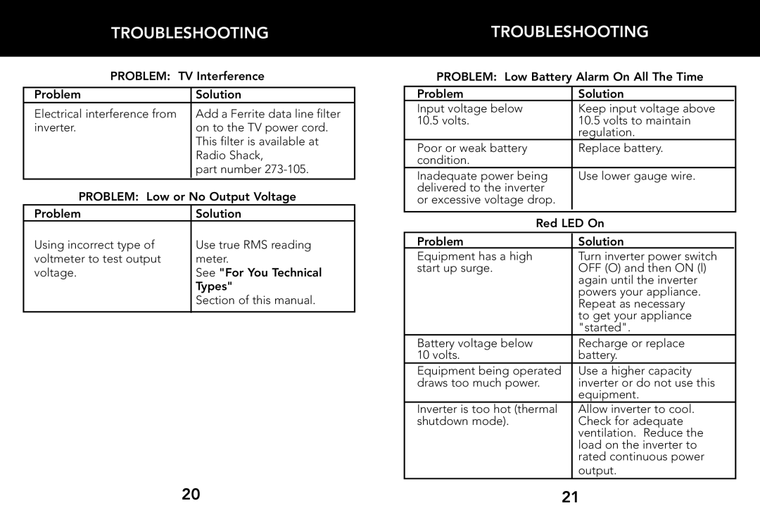 Whistler 800 WATT POWER INVERTER owner manual Troubleshooting 