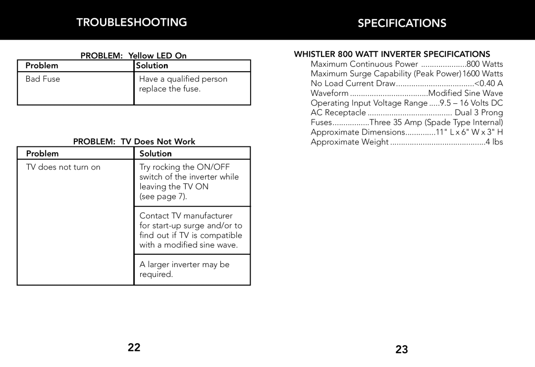 Whistler 800 WATT POWER INVERTER owner manual Specifications 