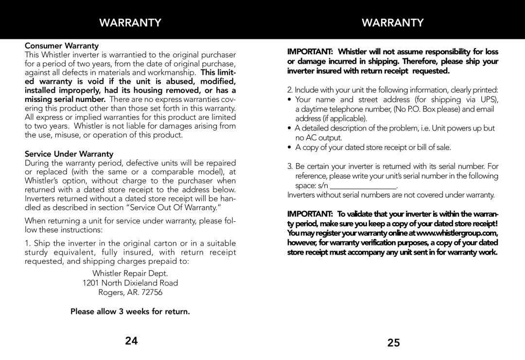 Whistler 800 WATT POWER INVERTER owner manual Consumer Warranty, Service Under Warranty 