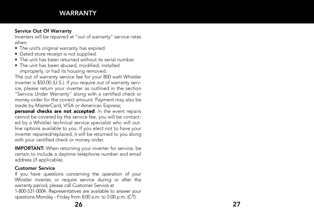 Whistler 800 WATT POWER INVERTER owner manual Warranty 