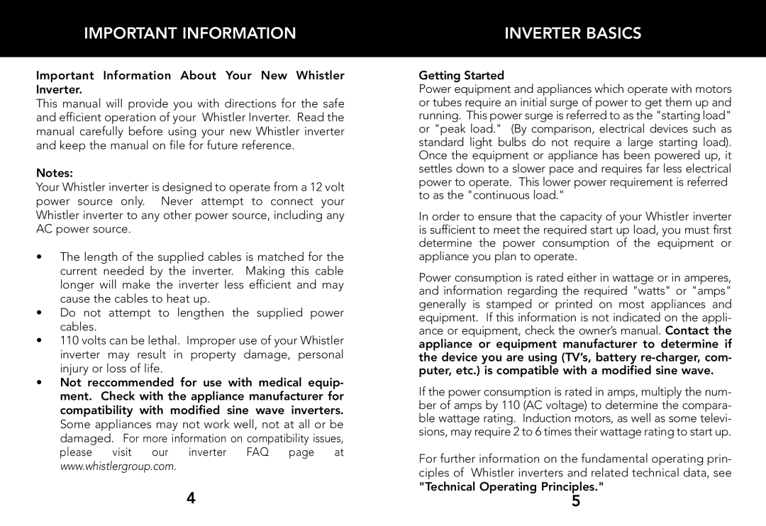 Whistler 800 WATT POWER INVERTER owner manual Important Information, Inverter Basics, Getting Started 