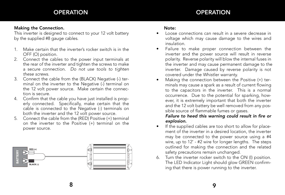 Whistler 800 WATT POWER INVERTER owner manual Operation 