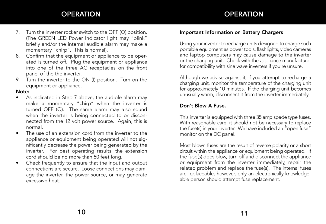 Whistler 800 WATT POWER INVERTER owner manual Important Information on Battery Chargers 