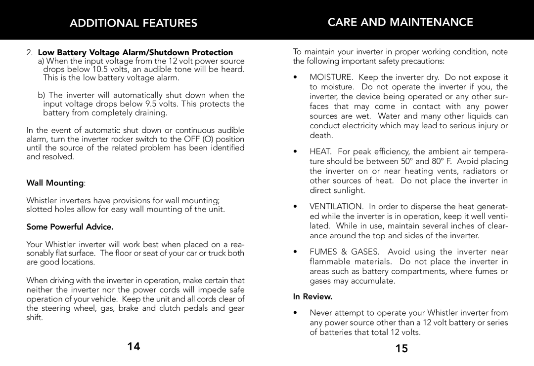 Whistler 800 WATT POWER INVERTER owner manual Care and Maintenance, Low Battery Voltage Alarm/Shutdown Protection 